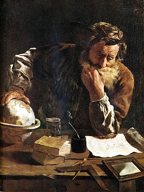 Pintura a óleo de 1620 mostrando Arquimedes como um homem de barba, pensativo, com uma pena na mão e livros de geometria à frente.