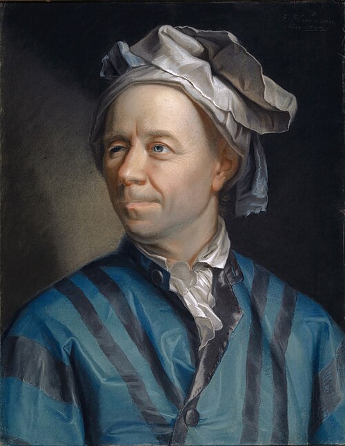 Retrato a óleo de Leonhard Euler, de peruca e roupão, com o olho direito ligeiramente fechado.