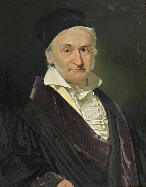 Retrato a óleo de Carl Friedrich Gauss idoso, de boina preta e gola branca.