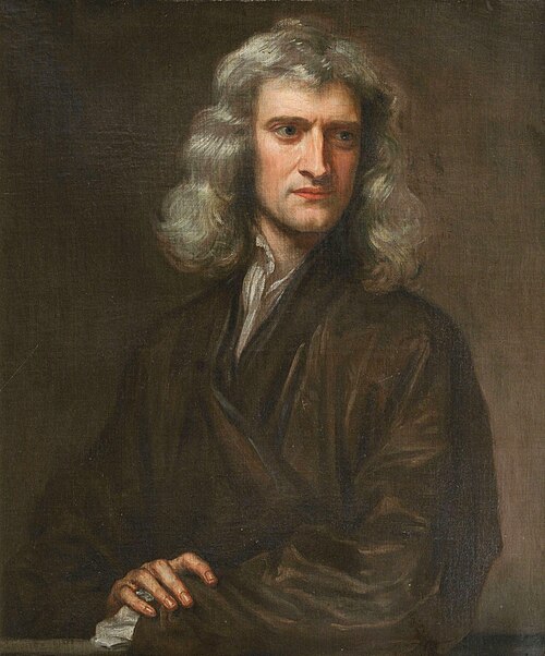 Retrato a óleo de Isaac Newton aos 46 anos, com cabelos longos e roupa escura.